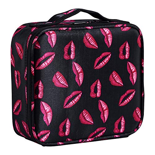 Goldwheat Portable Makeup Train Case Travel Cosmetic Bag Organizer with Removable Dividers Brush Holder Pocket for Makeup Artist-Red Lip Print