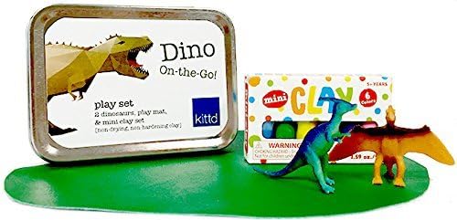 kittd Dino On-The-Go' Kids Travel Play Set - Unplugged Activities in Travel-Ready Tins - Includes 2 Assorted Dinosaurs, 6 Mini Clay Pieces, and Play Mat - Perfect for Traveling, Events, More!