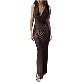 Milumia Women's Elegant Cowl Neck Mesh Maxi Dress Sleeveless Ruched Bodycon Cocktail Party Dresses