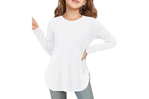 ZDC Girls Long Sleeve Shirts Kids Crewneck Soft Tunic Tops Curve Hem Side Slit T-Shirts 5-14 Years