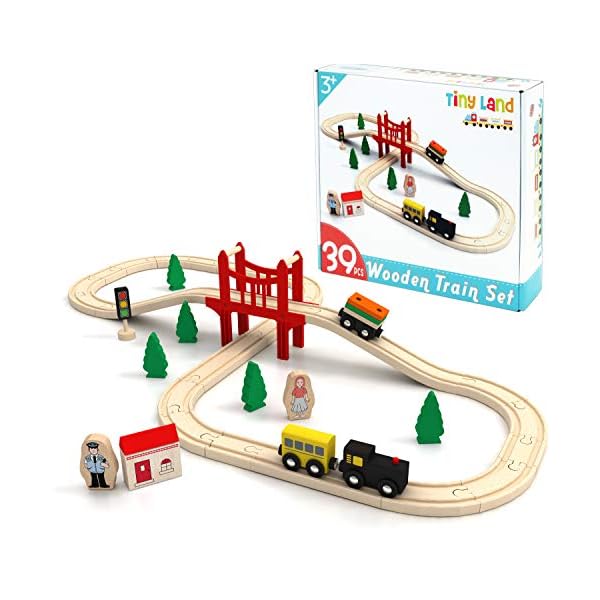 Tiny Land 39 Pcs Holzeisenbahn und Züge Pack Eisenbahn Anfängerset Kompatibel mit Thomas Passend für Eichhorn Zugset Kleinkinderspielzeug empfohlen ab 3 Jahren