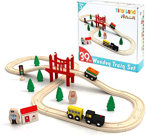 Tiny Land 39 Pcs Holzeisenbahn und Züge Pack Eisenbahn Anfängerset Kompatibel mit Thomas Passend für Eichhorn Zugset Kleinkinderspielzeug empfohlen ab 3 Jahren