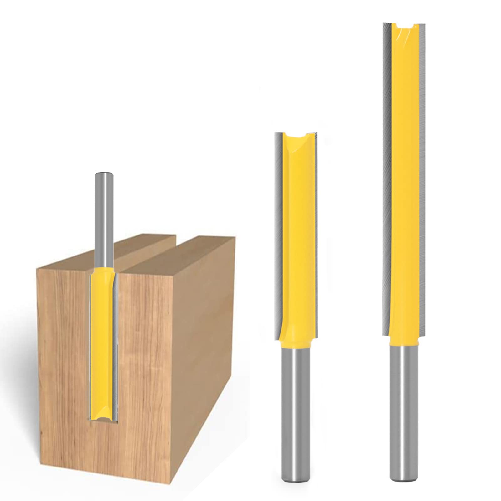 Set of 2 Pieces Milling Cutter Extra Long Cutting 1/4 Inch Shank Straight Long Cutting Trimming Cutter Double Flute Straight Grooving Bits for Woodworking 50MM 76MM