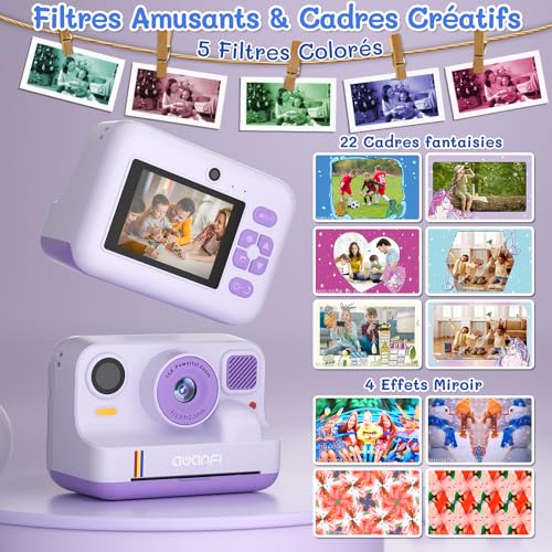 Instant Camera Child Gift Toy Girl Boy 3-12 Years, AWANFI Digital Video Camera 1080P 32GB Card with 3 Rolls of Paper and Bluetooth APP Printing