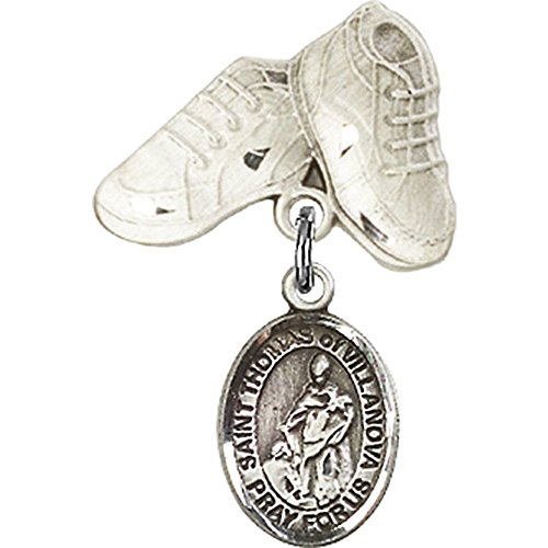 Sterling Silver Baby Badge with St. Thomas of Villanova Charm and Baby Boots Pin 1 X 5/8 inches
