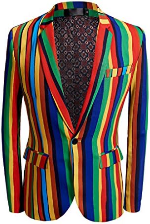 CARFFIV Mens Fashion Colorated Floral Print Suit Jacket Casual Blazer (Colored Stripes, XL/44R)
