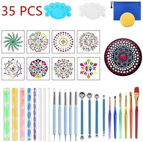 Mandala Dotting Tools Set, 35 PCS Painting Tool Kits Mandala Stencil Ball Stylus Brushes Paint Tray for Painting Rocks Coloring Drawing and Drafting