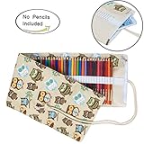Damero 72 Canvas Colored Pencils Wrap, Travel Pencil Holder Case Roll up Pen Holder with Zipper Pouch for Pencil Accessories--Coffee Owls(NO Pencil included)