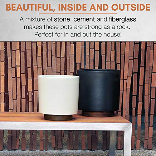 Fox & Fern New 10" Plant Pot with Walnut Wood Base - Perfectly Fits Plant Stand - Drainage Plug - Outdoor Indoor - Soft Black - Thumbnail 2