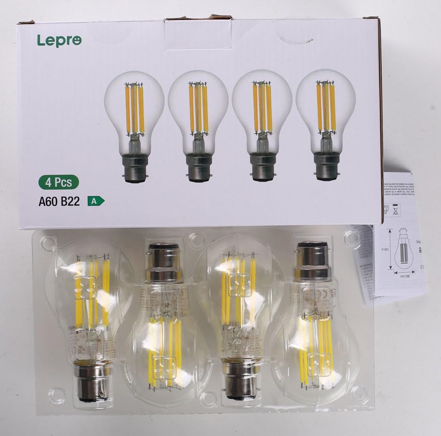 Lepro B22 Bayonet Light Bulb, A-Rated Ultra-efficient LED Bulb, 7.2W = 100W, 1521lm, 2700K Warm White, 50000H Lifespan, Clear Filament, Vintage Glass, Non-dimmable, Pack of 4