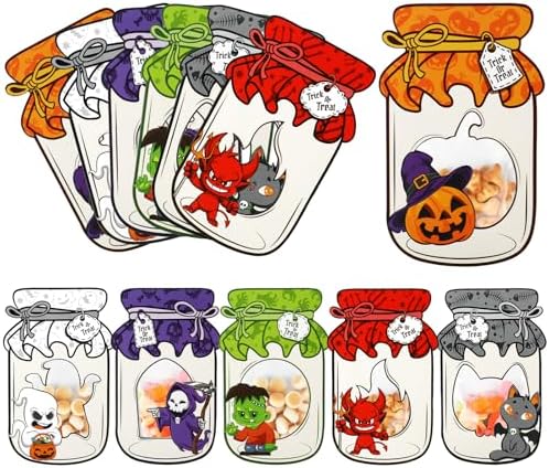 DERAYEE 42PCS Mason Jar Halloween Candy Bags, Trick or Treat Bag Cards Mason Jar Cards with Clear Bags for Halloween Party Favors