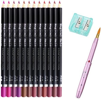 Matte Lip Liner Pencil Set - 12 Assorted Colors Waterproof and Natural Lip Liners with 1 Sharpener &amp; 1 Retractable Lip Brush by wonder X