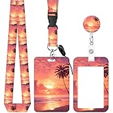 ID Badge Holder with Retractable and Detachable Lanyard, Cute Badge Reel Breakaway Lanyard with Carabiner Clip for Women, Teachers, Nurses, Students, Perfect Work and Office(Sunset Beach)