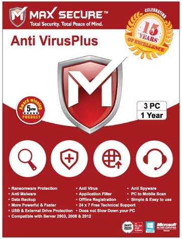 Max Secure Anti Virus Plus Version 6 - 3 PCs, 1 Year (Activation Key Card)