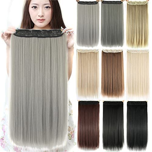 IMISSU Long Natural Thick Hair Straight Clip in on Synthetic Hair Extensions Hairpieces for Women (24 Inch,Gray)
