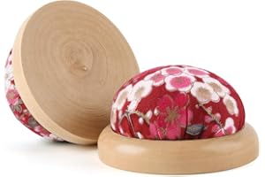 WANSHUI Round Pin Cushion, Wooden Base Cute Needle Pincushions Japanese Style Pin Cushions Needle Holders for Sewing Quilting Accessory or DIY Crafts.Red Plum Blossom