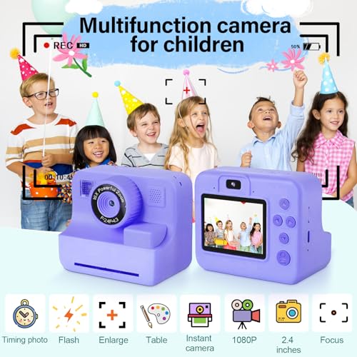 Instant Print Camera for Kids, Fun DIY Printing Camera for Girls Boys, Colored Pens and Printing Paper, Digital Camera with 2.4" Screen, 32GB SD Card, HD 1080P, Holiday Birthday Gifts