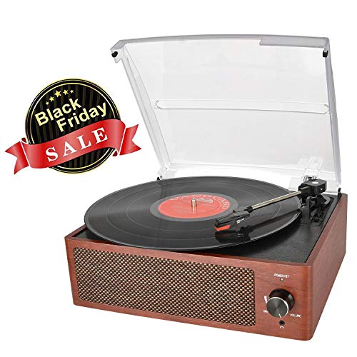 Bluetooth Record Player Belt-Driven 3-Speed Turntable, Vintage Vinyl Record Players Built-in Stereo Speakers, with Headphone Jack/ Aux Input/ RCA Line Out, Wooden