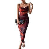LIGHT DOT Women's Spaghetti Strap Printed Bodycon Ruched Midi Cocktail Dress Sexy Cowl Neck Tie Dye