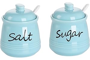 ONTUBE 12oz Sugar and Salt Bowls with Lid and Spoon, Ceramics Condiment Pots,Seasoning Jar Spice Container for Kitchen,Dishwasher Safe (Turquoise)