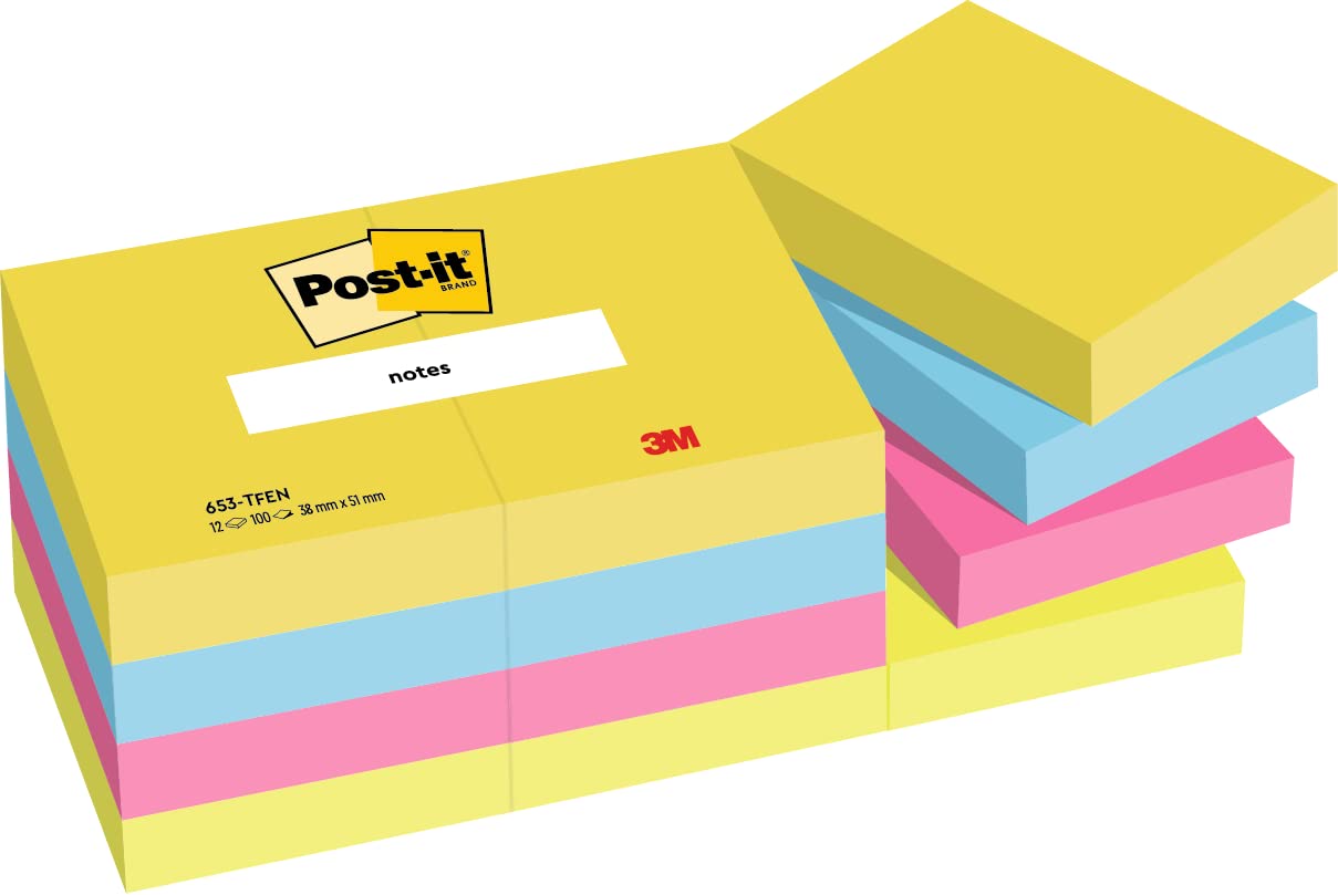 Post-it Notes Energetic Color Collection, Pack of 12 Pads, 100 Sheets Per Pad,38 Mm X 51 Mm, Yellow, Blue, Pink, Green Colors - Self-Stick Notes for Note Taking, to Do Lists & Reminders