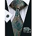 Hi-Tie Men Classic Green Teal Tie Necktie with Cufflinks and Pocket Square Tie Set