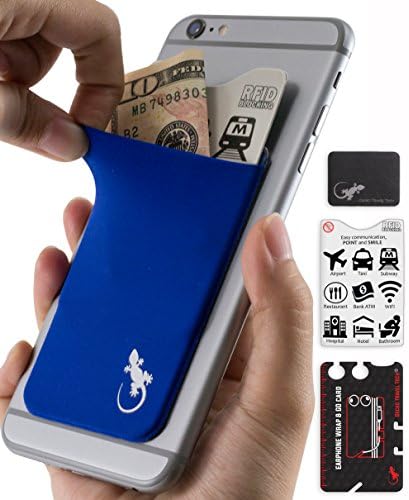 Gecko Phone Wallet - Adhesive Card Holder - Phone Pouch - Stick on Lycra Pocket - Carry Credit Cards and Cash - Blue/White