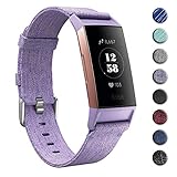 hooroor Canvas Woven Bands Compatible for Fitbit Charge 3 and Charge 3 SE Fitness Activity Tracker, Breathable Fabric Soft Accessory Sports Replacement Band Wristbands Strap Women Men(Lavender, Large)