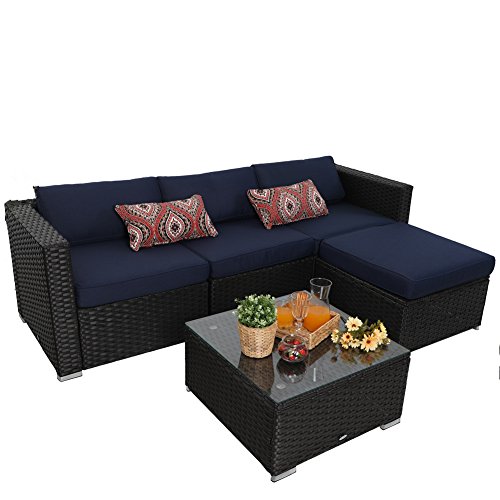 PHI VILLA 5-Piece Outdoor Rattan Sectional Sofa- Patio Wicker Furniture Set, Blue