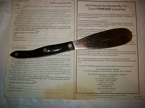 CUTCO Model 1768 Spatula Spreader. . . . . 4.9" Double-D serrated edge blade..............5.1" Highly engineered thermo-resin handle in Classic Brown (sometimes called Black).