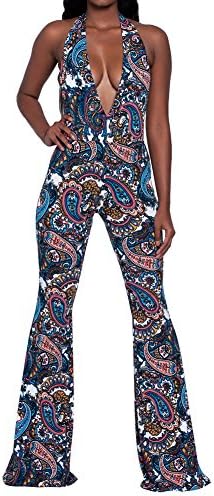 Slim Bloom Women's 3D Digital Print Halter Backless Bell Bottom Pants Jumpsuit Romper