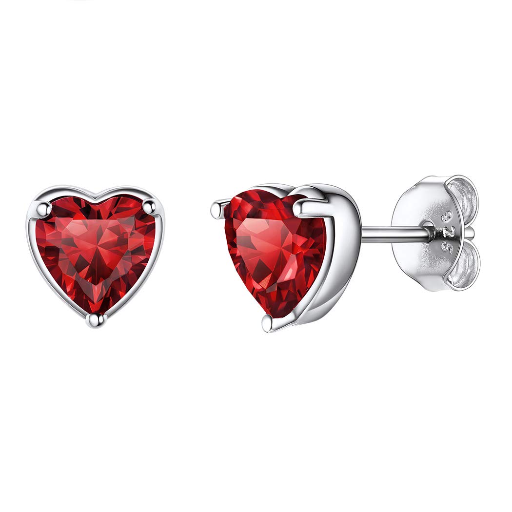 Suplight 925 Sterling Silver Heart Stud Earrings, 6mm Cute Tiny Crystal Red Garnet Ear Studs January Birthstone Hypoallergenic Earrings for Women Sensitive Ears