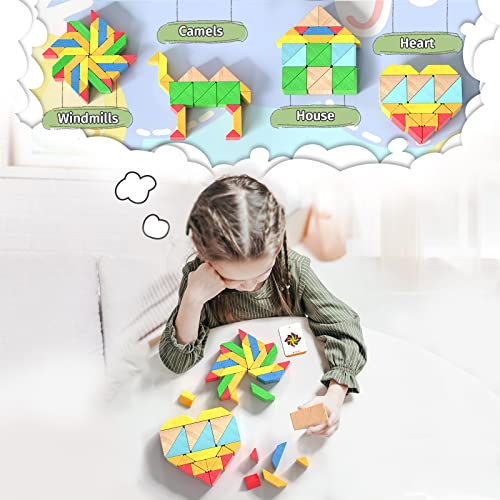 zhiwuzhu Wooden Building Blocks for Toddlers 3 4 5, Montessori Toy for Kids, 48PCS Stacking Blocks with 30-Piece Instruction Cards and Storage Bag, Preschool Educational Toy for Boys and Girls Gifts