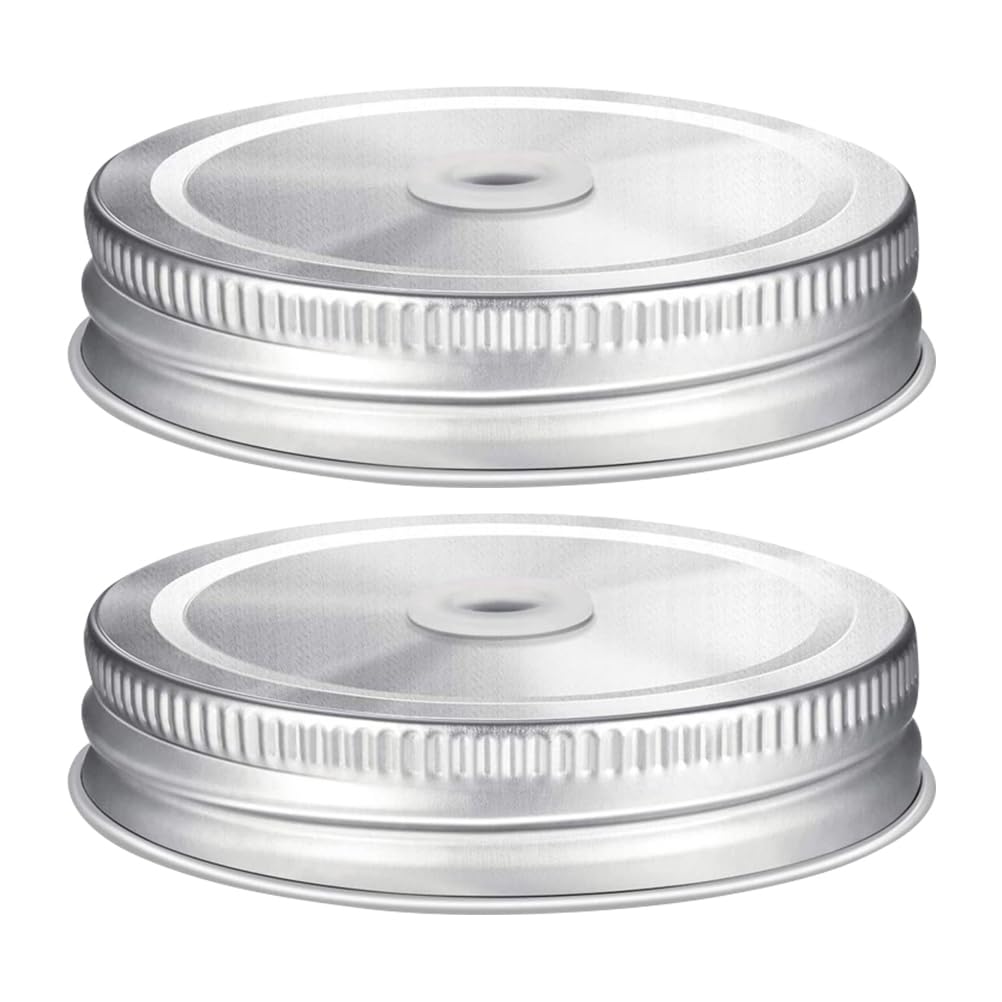 Photo 1 of 2pcs Mason Jar Straw Lids 3.3in Sealing Lid with Hole Stainless Steel Perforated Cover Secure Jar Caps Leak Proof Canning Cap Drinking Jar Cover