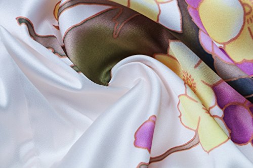 Old-to-new Women's Long Lightweight Elegant Kimono Robe Silk Bathrobe Dressing Gown with Fur- Watercolor Floral