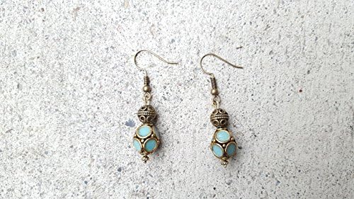 Aqua Blue Indonesian Bead Brass Dangle Earrings