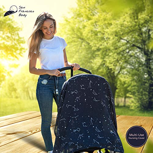 Cotton Muslin Nursing Cover - Large Breastfeeding Cover with Built-in Burp Cloth & Pocket - Soft, Breathable, Chemical-Free, 360° Coverage, Multiuse Nursing Cover by San Francisco Baby - Black