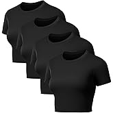 Coume 4 Pack Women's Compression Crop Tops Quick Dry Short Sleeve T Shirt Crew Neck Workout Athletic Shirt Yoga Tight Basic