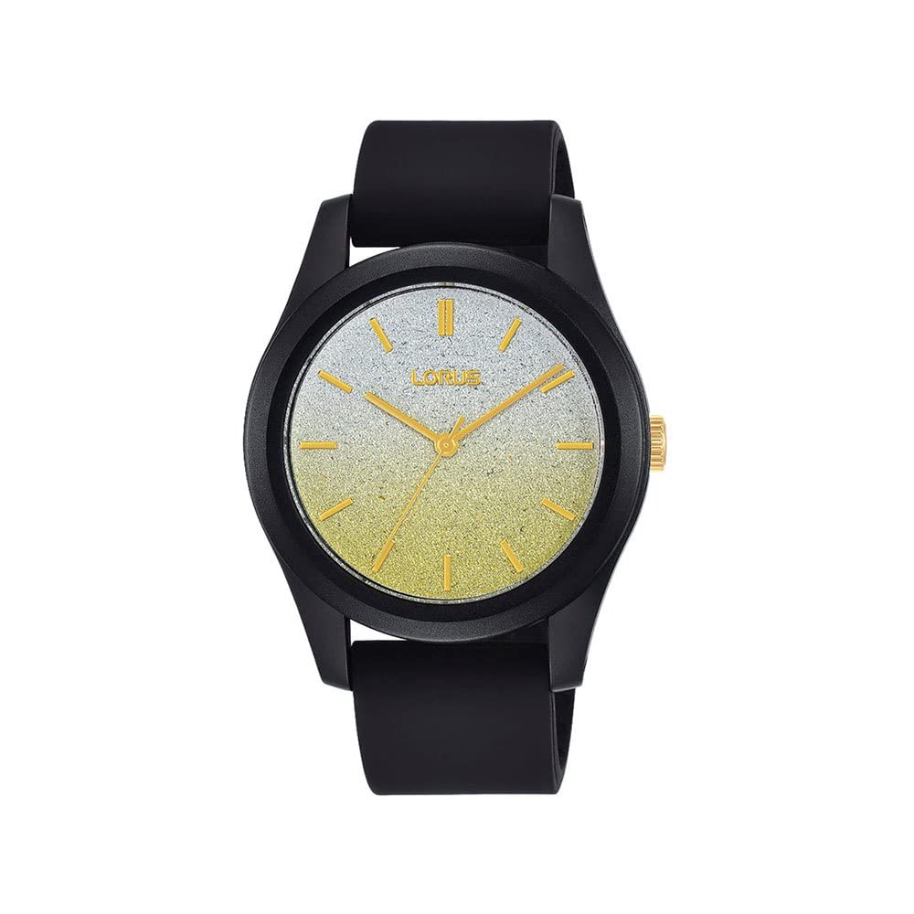 Lorus Ladies Sports Watch with Black Silicone Strap & Gold Glitter Effect Dial