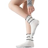 Verdancy Women’s Yoga Pilates Socks with Frill Top Non Slip Cushioned Grips Crew Mid Calf Socks