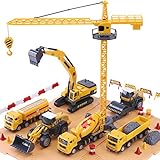 iPlay, iLearn Construction Site Vehicles Toy Set, Kids Engineering Playset, Tractor, Digger, Crane, Dump Trucks, Excavator, Cement, Steamroller for 3, 4, 5 Year Old Toddlers, Boys, Children (Yellow)