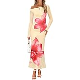 ZESICA Women's Long Sleeve Floral Maxi Dress 2026 Fall Off Shoulder Bodycon Ruched Mesh Cocktail Wedding Guest Dresses