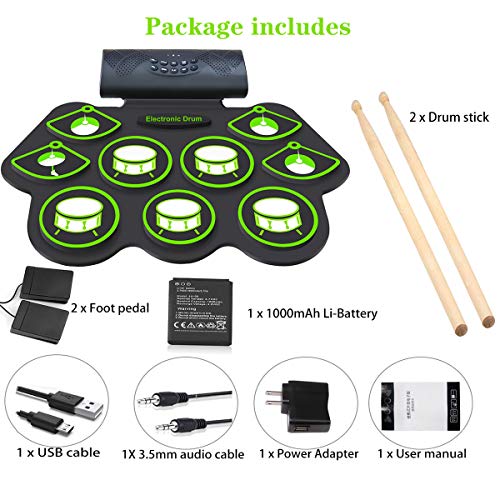 Electronic Drum Set - MIDI Drum Practice Pads,Bluetooth Portable Roll Up Electric Drum kit for Kids Beginner,Kids Drum Set with Headphone Jack, Built in Speaker, Battery, Drum Stick Drum Pedals