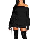 GOKATOSAU Women's Sexy Casual Off Shoulder Long Sleeve Lace Up Loose Club Mini Dress