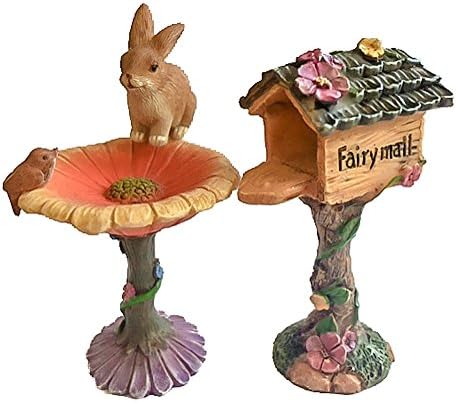 Wonky Hill Miniature Fairy Garden Collection 3 Piece Mail Box Bird Bath And Bunny