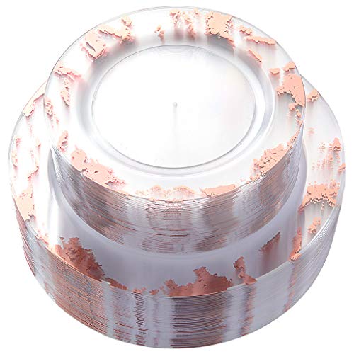 image for Nervure 102PCS Rose Gold Plastic Plates - Marbling Disposable Plastic 