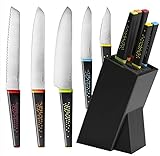 Vremi 5 Piece Chef Knife Set with Dark Wood Block - includes Carving Paring Serrated Bread Utility and Chefs Knives with Stainless Steel Blades and Colorful Ergonomic Non Slip Handles