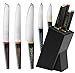 Vremi 5 Piece Chef Knife Set with Dark Wood Block - includes Carving Paring Serrated Bread Utility and Chefs Knives with Stainless Steel Blades and Colorful Ergonomic Non Slip Handles
