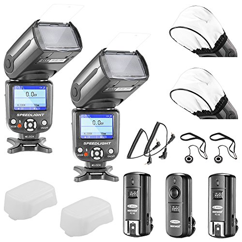 Neewer® NW-985C E-TTL 4-Color TFT Screen Display *High-Speed Sync* Camera Slave Flash Speedlite Kit for Canon EOS 700D/T5i 650D/T4i 600D/T3i 1100D/T3 550D/T2i 500D/T1i 100D/SL1 400D/XTi 450D/XSi 300D/Digital Rebel 20D 30D 60D 5D Mark III 5D Mark II and All Other Canon DSLR Cameras, includes: (2)NW985C Flash + (1)2.4GHz Wireless Trigger (1 Transmitter, 2 Receivers)+ (2)Cables (C1-Cord + C3-Cord) + (2)Soft Flash Diffuser + (2) Lens Cap Holder