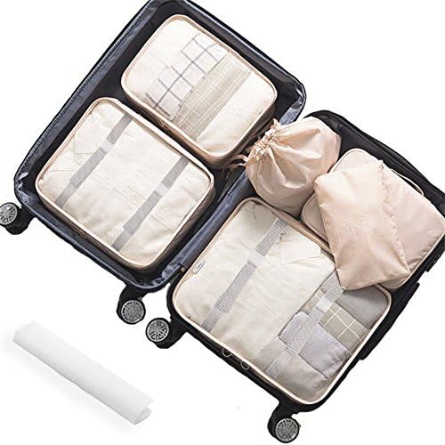 Lonew 7 Set Packing Cubes, Travel Luggage Organizer - Multi-functional Clothing Sorting Packages with Shoe Bag (Beige1)